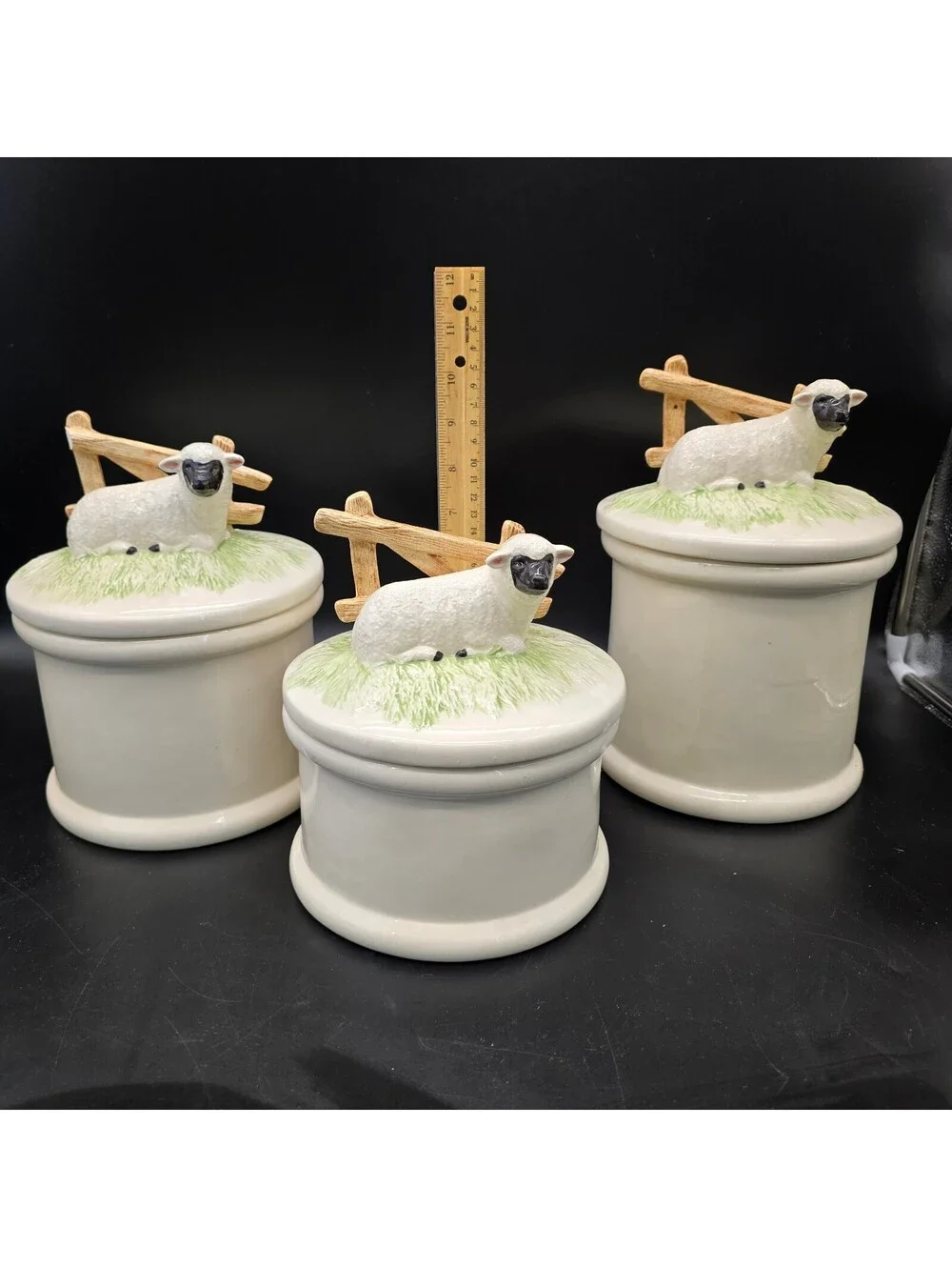 Vtg 1980s Ceramic Sheep Canister Set 3pc Farmhouse Cottagecore Trio Jars Flawed